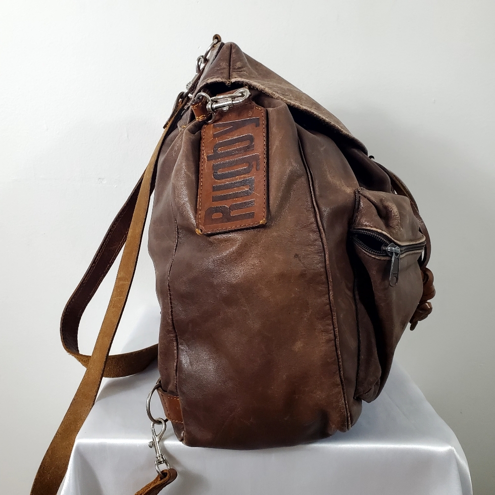 Vintage 90s RUGBY North America Pebbled Leather Drawstring Backpack Brown - Picture 3 of 13